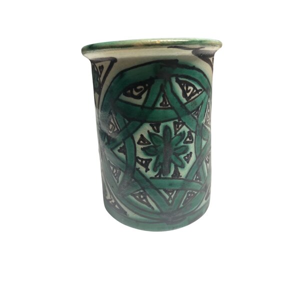 Handcrafted Ceramic Mug With Green & Black Geometric Patterns Striped Handle Uni - Picture 2 of 6